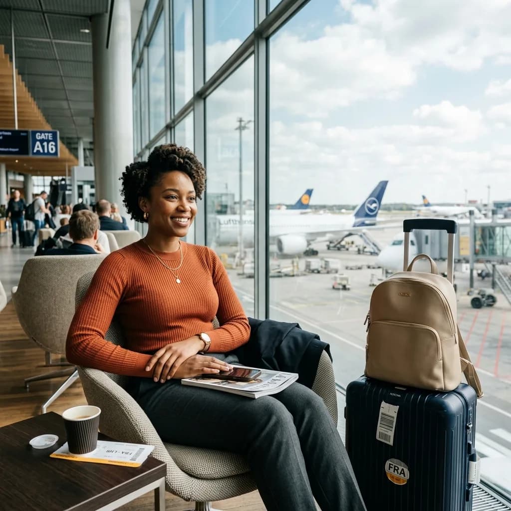 Photographie réelle de l’aéroport de Francfort avec voyageur et avion